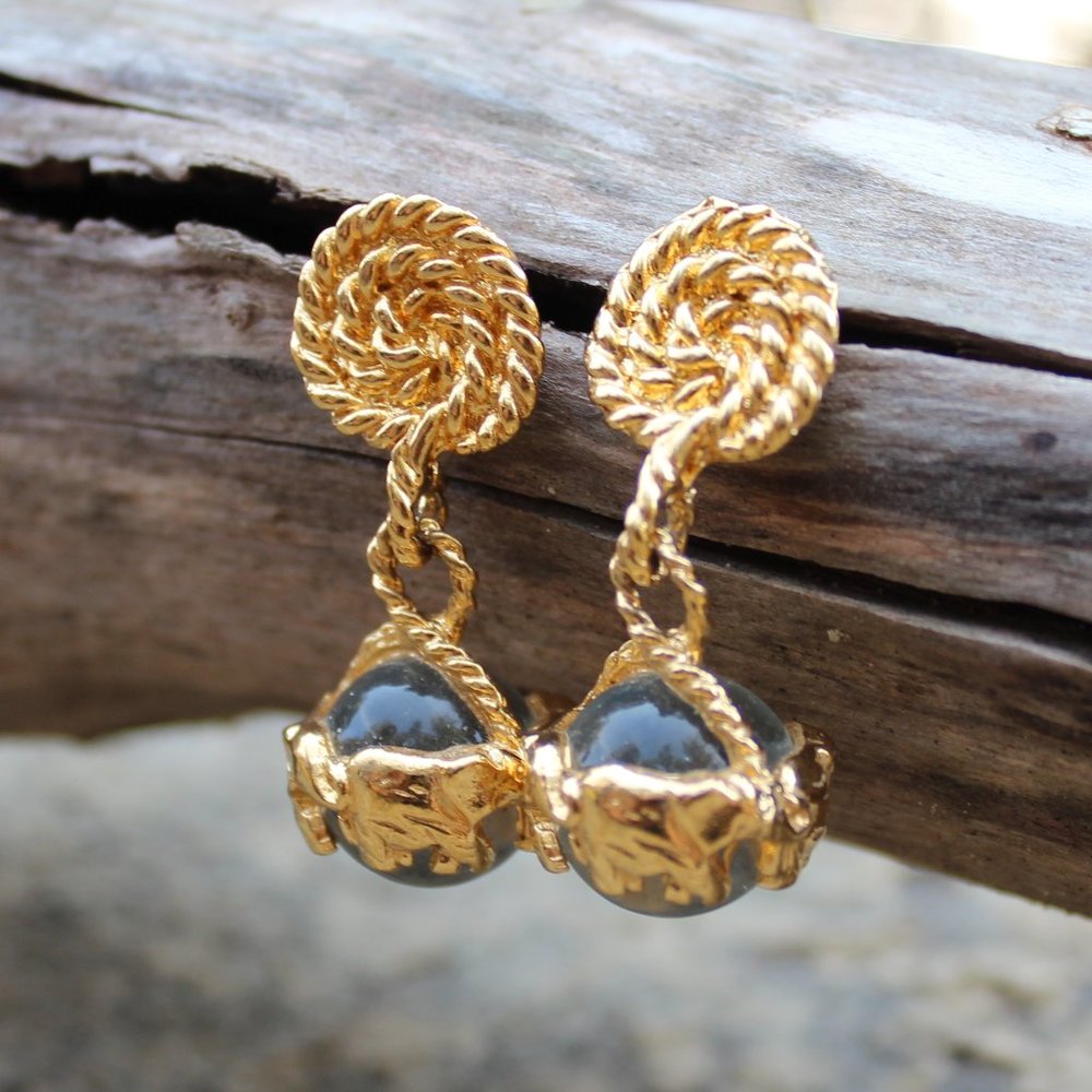 Vintage Designer Classy Glass Orb Earrings Elephants